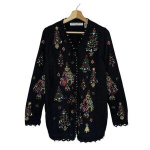 Michael Simon Christmas Tree Holiday Cardigan Sweater Beaded Sequin VTG Size‎ M